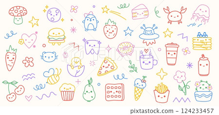 Cute colorful kid icon. Doodle children elements, cartoon childish characters with funny baby faces fast food and fruits, kindergarten animals, preschool kids color drawings. Vector isolated set Cute colorful kid icon. Doodle children elements, cartoon childish characters with funny baby faces fast food and fruits, kindergarten animals, preschool kids color drawings. Vector isolated set 124233457