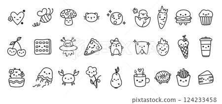 Kid scribble character icon. Cute children doodle elements, playful childish sketch heart food animals plants. Vector cute scribbles line set Kid scribble character icon. Cute children doodle elements, playful childish sketch heart food animals plants. Vector cute scribbles line set 124233458