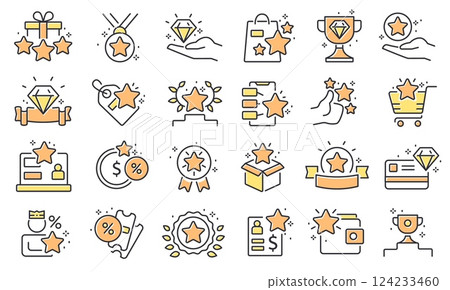 Star benefit icon. Reward premium quality line voucher, award loyalty program member card, star win prize symbols, coupon offer flat vector set Star benefit icon. Reward premium quality line voucher, award loyalty program member card, star win prize symbols, coupon offer flat vector set 124233460