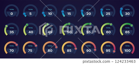 Circle chart percent. Pie graph with percentage numbers, round infographic elements for business presentation, statistic report percent step diagram. Vector set 124233463