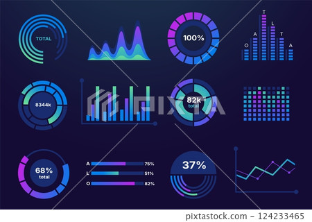 Data chart graph. Business statistics infographic elements, dat analysis progress report presentation with line and bar diagrams. Vector pie chart isolated set 124233465