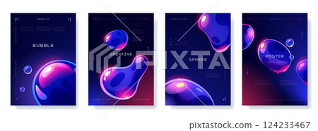 Soap bubble poster. Liquid shape gradient abstract flyer design with cartoon shiny soapy balls, glossy shampoo bubbles with highlights and reflections. Vector text banner set Soap bubble poster. Liquid shape gradient abstract flyer design with cartoon shiny soapy balls, glossy shampoo bubbles with highlights and reflections. Vector text banner set 124233467