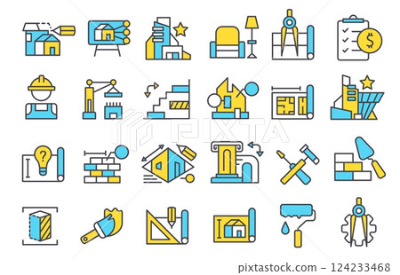Architecture plan icons. Building project plan icons, architectural design house blueprint, engineering and planning construction, residential apartment color outline vector set 124233468