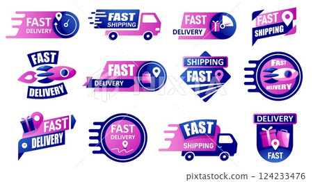 Free shipping emblem. Delivery service badge with truck, rocket, cargo and zero price tag, fast and free shipment promotion stickers. Vector delivery icon set 124233476