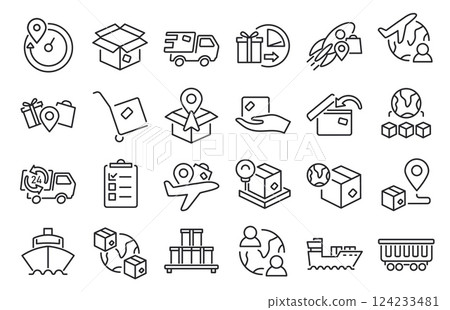 Delivery line icons. Shipping and export package symbols, cargo shipment and parcel transportation, logistic service and box shipping. Vector delivery outline set Delivery line icons. Shipping and export package symbols, cargo shipment and parcel transportation, logistic service and box shipping. Vector delivery outline set 124233481