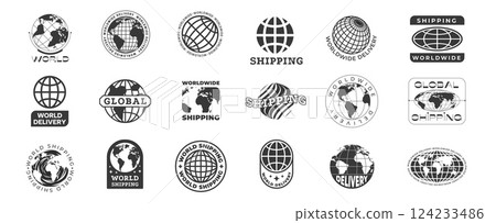 Worldwide shipping logo. World global delivery service badge with abstract planet map, international mail shipment icon flat linear style. Vector globe shipping icon set 124233486