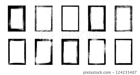 Brush border frame. Grunge paint brushstroke overlay, dirty dry brush ink strokes collection, black paintbrush silhouette shapes. Vector isolated set 124233487