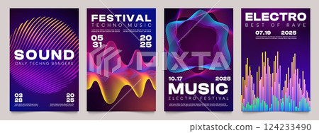 Sound music poster. Abstract flyer design with dynamic soundwave and gradient geometry elements. Vector musical concert brochure with colorful sound texture 124233490