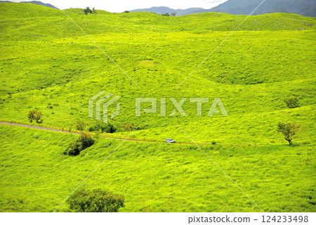 Chugoku region, Akiyoshidai, Akiyoshidai Karst Road, a car comfortably driving through the grasslands, from the Bito Observatory, Miya City, Yamaguchi Prefecture (8) Chugoku region, Akiyoshidai, Akiyoshidai Karst Road, a car comfortably driving through the grasslands, from the Bito Observatory, Miya City, Yamaguchi Prefecture (8) 124233498