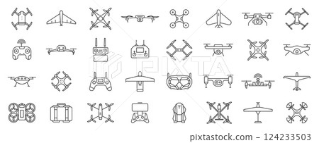 Drone line icons. Aviation unmanned controlled aircraft with camera, copter drones with wireless control, battery and propellers. Vector set of flying robot drone vehicles Drone line icons. Aviation unmanned controlled aircraft with camera, copter drones with wireless control, battery and propellers. Vector set of flying robot drone vehicles 124233503