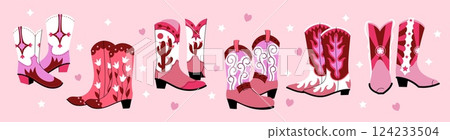 Pink cowgirl boots. Cute western cowboy shoes with bows and stars, trendy groovy coquette fashion stickers. Vector country rodeo cowboy icons set Pink cowgirl boots. Cute western cowboy shoes with bows and stars, trendy groovy coquette fashion stickers. Vector country rodeo cowboy icons set 124233504