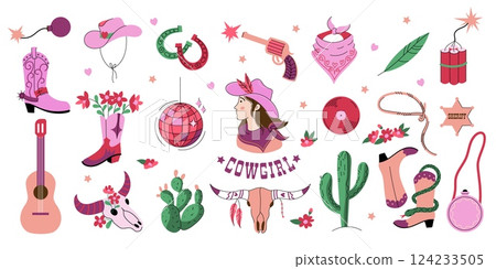 Cowgirl pink sticker. Cute cartoon cowboy elements, cactus horse saddle horseshoe sheriff badge guitar pink stickers collection, wild west disco club. Vector cowgirl set 124233505