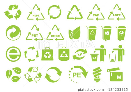 Recycle icons. Eco friendly packaging certification symbols, plastic paper aluminum recycling signs with arrows, ecology symbols. Vector recycle isolated set 124233515