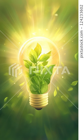 Green Energy Concept with Light Bulb and Fresh Leaves Illustrating Sustainability 124233602