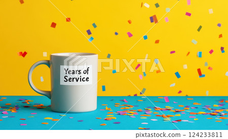Cheerful coffee mug celebrating Years of Service with colorful confetti 124233811