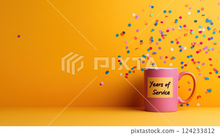 cheerful coffee mug labeled Years of Service with colorful confetti 124233812