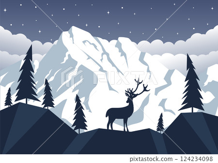 Vintage retro American mountains. National park for outdoor adventure 2d Illustration. Winter Alps forest Vintage retro American mountains. National park for outdoor adventure 2d Illustration. Winter Alps forest 124234098