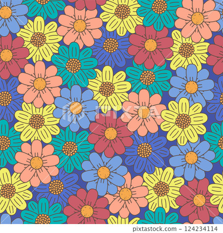 Colorful daisy flowers summer seamless pattern. Flourish art on blue background. Floral Easter Colorful daisy flowers summer seamless pattern. Flourish art on blue background. Floral Easter 124234114