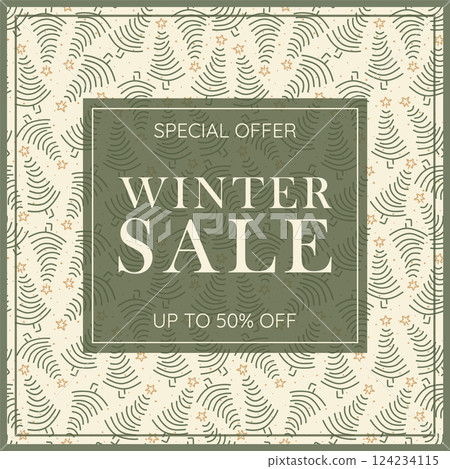 Winter sale green banner. Hello Winter season, cartoon vector template for promotion, greeting card, flyer Winter sale green banner. Hello Winter season, cartoon vector template for promotion, greeting card, flyer 124234115