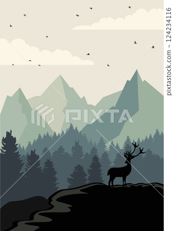 Parkland forest panoramic poster. North Cascades National Park vector illustration. Yellowstone deer 124234116