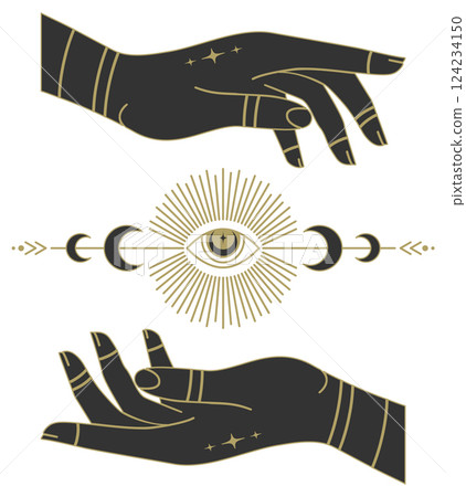 Hands with prediction eye illustration. Vector feminine decoration design icon. Mystical drawing Hands with prediction eye illustration. Vector feminine decoration design icon. Mystical drawing 124234150
