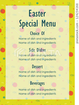Menu template with decorative floral frame. Easter menu template. Floral elegant restaurant template 124234168