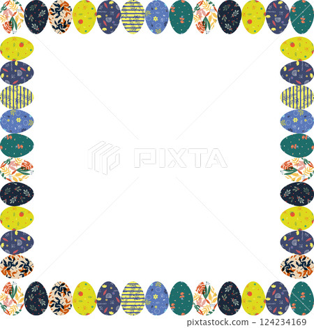 Colorful painted Easter eggs square frame. Easter holidays border frame design template Colorful painted Easter eggs square frame. Easter holidays border frame design template 124234169