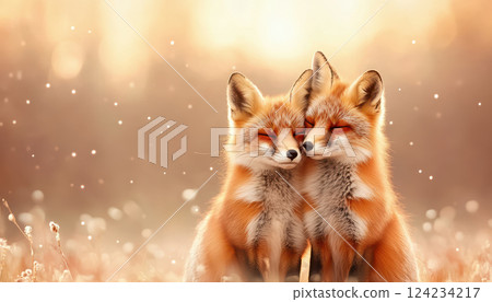 Two foxes cuddling together in warm, soft forest backdrop, radiating love Two foxes cuddling together in warm, soft forest backdrop, radiating love 124234217