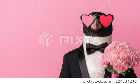 Happy penguin in tuxedo with heart shaped glasses holding flowers 124234236