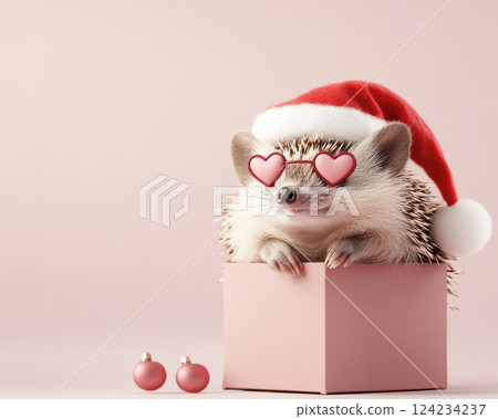 Hedgehog in Santa cap and heart glasses emerging from box, festive mood 124234237