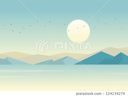 Scandinavian landscape with sea and mountains vector illustration. Norwegian fjord. Nordic nature landscape 124234274