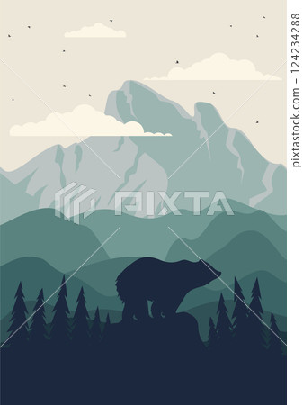 View on spring mountain range poster print. Aesthetic springtime forest landscape. Grizzly bear on the cliff 124234288