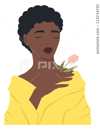 Woman holding flower for lovely one. Surprise for valentines day illustration. Happy Mother's Day simple art. Cartoon flat illustration for international Women's Day 124234292