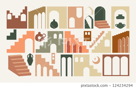 Moroccan architecture decorative elements. Morocco buildings, arched gates, walls, horizontal decor Moroccan architecture decorative elements. Morocco buildings, arched gates, walls, horizontal decor 124234294
