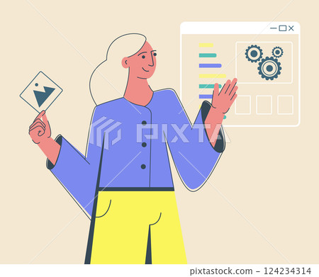 App developer concept for site. Programmer placing contents on smartphone screen. Building mobile app 124234314