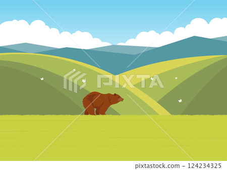 Aesthetic summer field and grizzly bear. Wildlife animals in nature. Grizzly bear walking in the spring 124234325