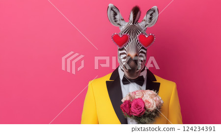 Playful zebra in tuxedo with heart shaped glasses holding flowers 124234391