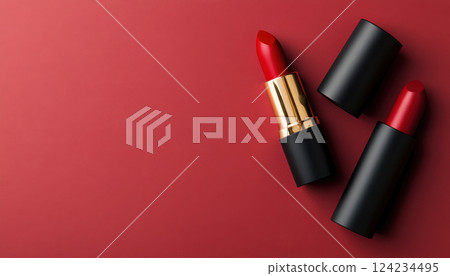 Luxurious red lipsticks on deep red background, perfect for glam looks Luxurious red lipsticks on deep red background, perfect for glam looks 124234495