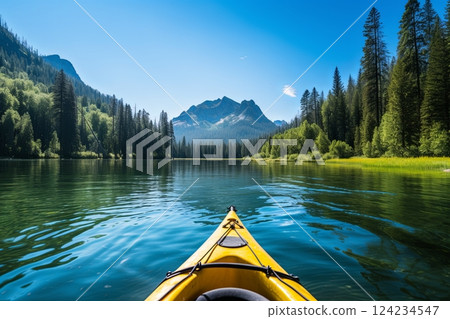 Aluminum canoe on a mountain lake upstate New York. Camping. outdoors and adventure concept. Faded, vintage color post processed Aluminum canoe on a mountain lake upstate New York. Camping. outdoors and adventure concept. Faded, vintage color post processed 124234547