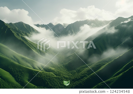 High mountains with green slopes in dense fog. Layers of mountains in the haze during sunset. Multilayered misty mountains. Krasnaya Polyana, Sochi, Russia. High mountains with green slopes in dense fog. Layers of mountains in the haze during sunset. Multilayered misty mountains. Krasnaya Polyana, Sochi, Russia. 124234548