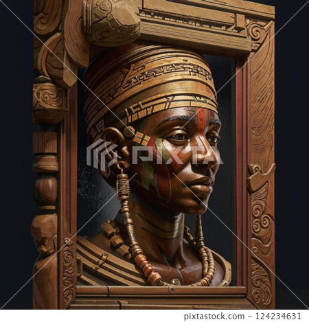 Wood carving, portrait of a human. A carved image of a black man in a frame. Wood carving, portrait of a human. A carved image of a black man in a frame. 124234631