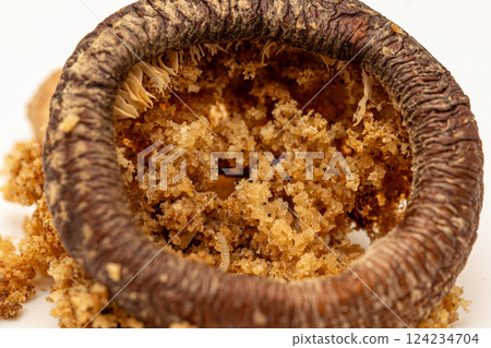 Small larvae parasitizing inside shiitake mushrooms. Shiitake mushrooms crumbled into pieces. Small larvae parasitizing inside shiitake mushrooms. Shiitake mushrooms crumbled into pieces. 124234704