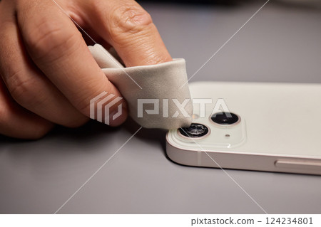 Broken smartphone screen close up view, macro photography. Phone repair and renovation background 124234801