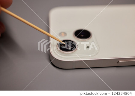 Broken smartphone screen close up view, macro photography. Phone repair and renovation background 124234804