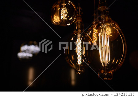 Decorative incandescent bulbs in Edison style on a brick wall background. Decorative incandescent bulbs in Edison style on a brick wall background. 124235135