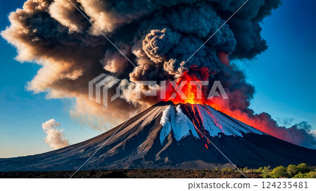 Dramatic volcano eruption with giant clouds of ash in the sky 124235481