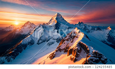 Picturesque aerial view of snowy mountain range during the sunset 124235485