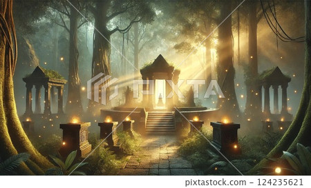 Illustration of a forest with mysterious light shining through 124235621