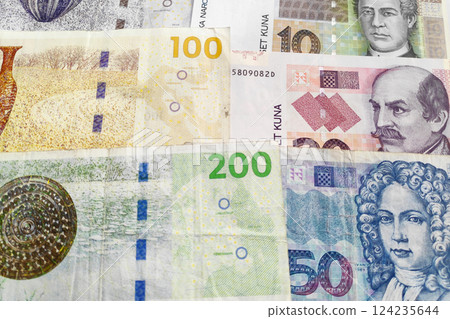 Stack of Danish Kroner and Croatian Kuna Stack of Danish Kroner and Croatian Kuna 124235644