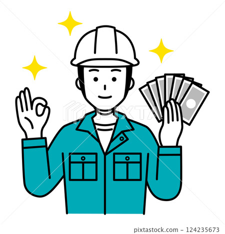 A male worker holding money and making an OK sign 124235673